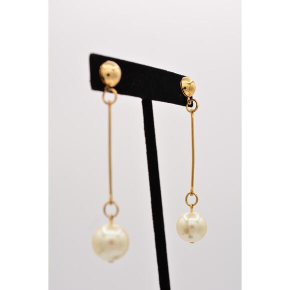 Vintage Dangle Earrings Long Round Faux Pearl Drop White Chunky 1990s BinZ - Picture 5 of 12